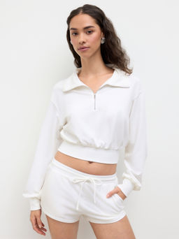Cider - Cotton-blend Collar Half Zip Crop Top & Low Rise Drawstring Micro Shorts