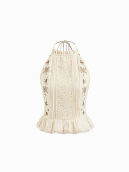 Cider - Cotton Halter Neckline Floral Shirred Ruffle Hem Lace Trim Tank Top