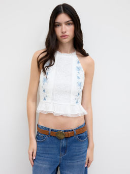 Cider - Cotton Halter Neckline Floral Shirred Ruffle Hem Lace Trim Tank Top