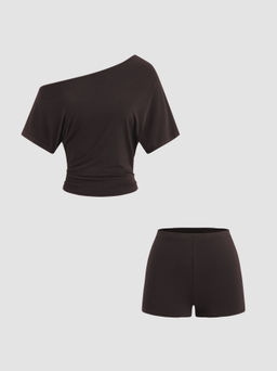 Cider - Asymmetrical Neck Ruched Top & Mid Rise Micro Shorts