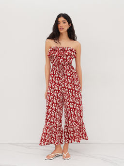 Cider - Bandeau Floral Ruffle Hem Wide Leg Jumpsuit