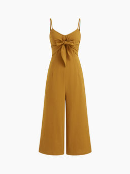 Cider - 100% Cotton Bowknot Shirred Cropped Wide Leg Jumpsuit