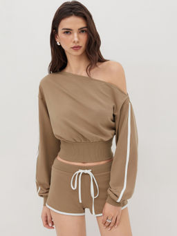 Cider - Cotton-blend Side Stripe Crop Top & Mid Rise Elastic Waist Shorts