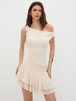 Cider - Mesh Asymmetrical Neck Ruched Layered Lettuce Trim Ruffle Hem Mini Dress