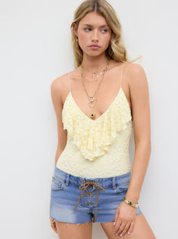 Cider - Cotton-blend V-neck Ruffle Bodysuit