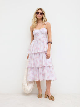 Cider - Sweetheart Ditsy Floral Knotted Layered Ruffle Hem Dress