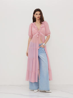 Cider - Chiffon V-neck Lantern Sleeve Lettuce Trim Knotted Dress