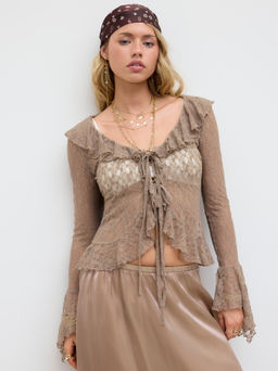 Cider - Lace V-neck Ruffle Lettuce Trim See-through Top