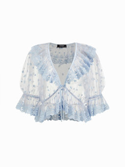 Cider - Mesh V-neck Knotted Ruffle Blouse