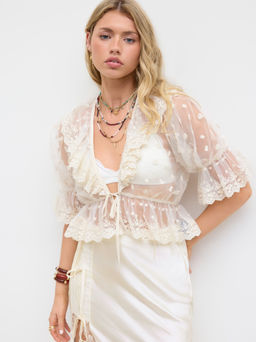 Cider - Mesh V-neck Knotted Ruffle Blouse