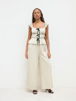 Cider - Square Neck Bowknot Contrasting Binding Lettuce Trim Tiered Jumpsuit