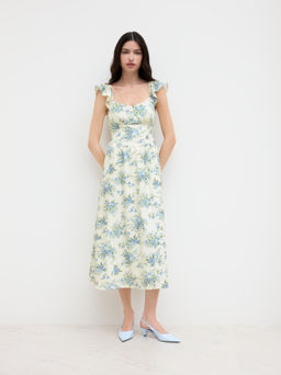 Cider - U-neckline Floral Cut Out Lace Up Ruffle Midi Dress