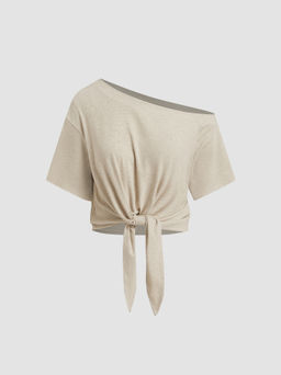 Cider - Asymmetrical Neck Off-shoulder Knotted Oversized Top