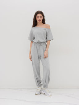 Cider - Asymmetrical Neck Elastic Waist Jogger Jumpsuit