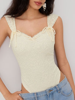 Cider - U-neckline Lace Floral Bowknot Bodysuit