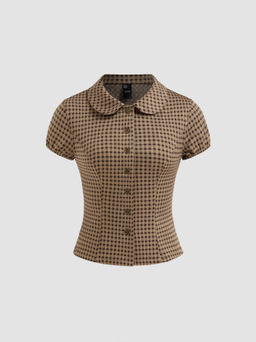 Cider - Peter Pan Collar Gingham Button Puff Sleeve Shirt