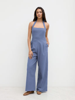 Cider - Linen-blend Halter Neckline Knotted Wide Leg Jumpsuit