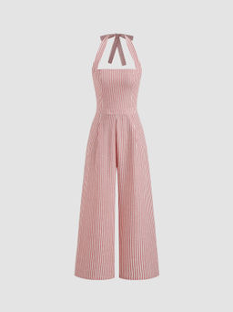 Cider - Linen-blend Halter Neckline Knotted Wide Leg Jumpsuit