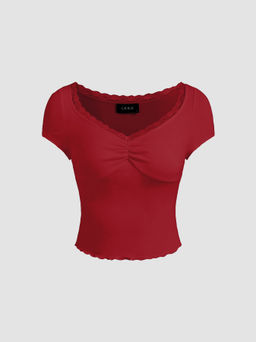 Cider - V-neck Lace Lettuce Trim Short Sleeve Top