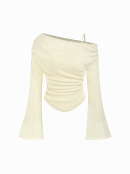 Cider - Asymmetrical Neck Ruched Lettuce Trim Top