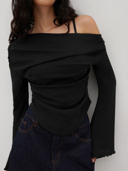 Cider - Asymmetrical Neck Ruched Lettuce Trim Top
