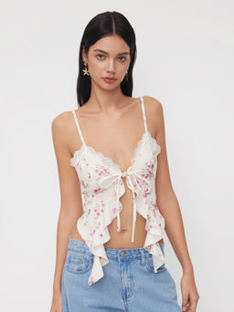 Cider - V-neck Floral Knotted Ruffle Hem Cami Top
