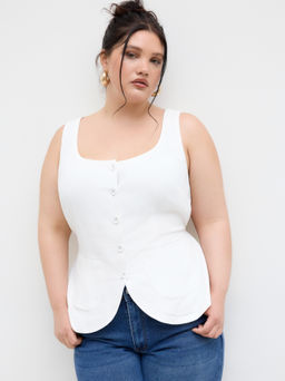 Cider - Linen-blend U-neckline Button Through Knotted Blazer Vest Curve & Plus