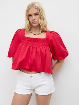 Cider - 100% Cotton Shirred Knotted Puff Sleeve Oversized Blouse