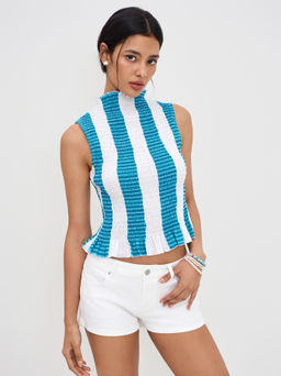 Cider - Cotton-blend High Neck Stripes Shirred Top