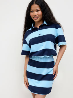 Cider - Cotton-blend Polo Neck Stripe Mini Dress