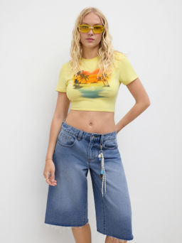 Cider - Cotton-blend Sunset Coconut Tree Backless Knotted Crop Tee