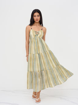 Cider - Stripe Beaded Knotted Ruffle Midi Dress
