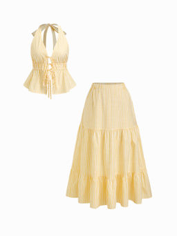 Cider - Cotton-blend Stripe Tie Front Shirred Top & Elastic Waist Ruffle Maxi Skirt