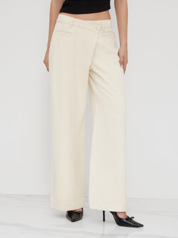 Cider - Denim Mid Rise Asymmetrical Button Wide Leg Jeans