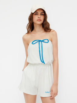 Cider - Terry Feeling Salty Embroidery Drawstring Knotted Bandeau Romper