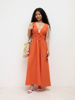 Cider - Cotton-blend V-neck Beaded Shirred Ruffle Dress