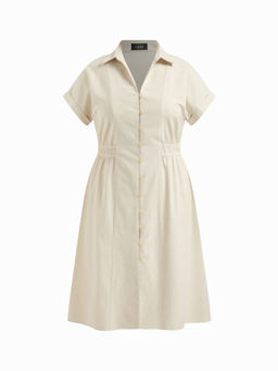 Cider - Linen-blend Polo Shirred Button Through Shirt Dress Curve & Plus