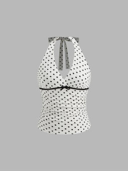 Cider - V-neck Halter Polka Dot Bowknot Ruched Tank Top