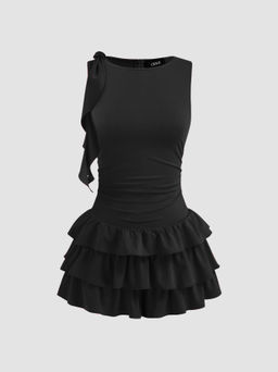 Cider - Boat Neck Ruched Ruffle Hem Layered Micro Romper