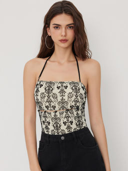 Cider - Mesh Halter Neckline Floral Cut Out Bodysuit