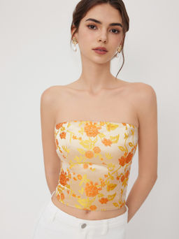 Cider - Satin Floral Shirred Curved Hem Bandeau Corset Top