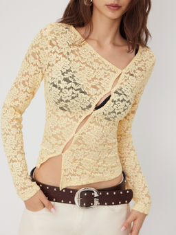 Cider - Lace Asymmetrical Neck Floral See-through Top