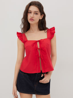 Cider - 100% Cotton Tie Front Bow Oversized Top