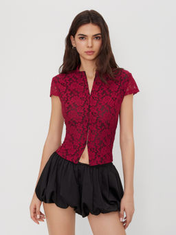 Cider - Stand Collar Lace Floral Hook And Eye Blouse