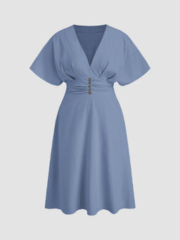 Cider - Linen-blend V-neck Ruffle Ruched Dress Curve & Plus