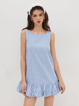 Cider - Cotton Boat Neck Gingham Bowknot Backless Bubble Hem Smock Mini Dress