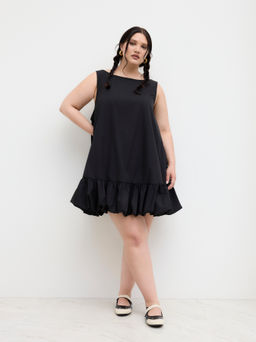 Cider - Boat Neck Backless Bowknot Ruffle Hem Mini Dress Curve & Plus