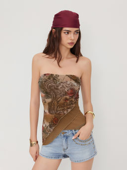 Cider - Floral Graphic Mesh Asymmetrical Hem Bandeau Top