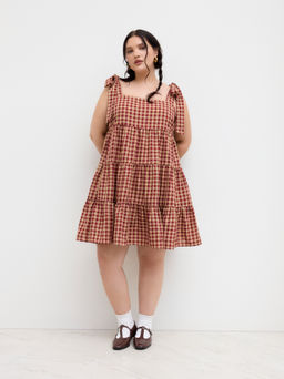Cider - Cotton-blend Gingham Bowknot Tiered Ruffle Mini Dress Curve & Plus