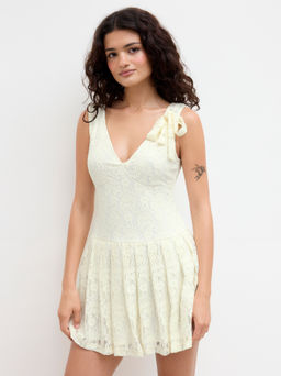 Cider - V-neck Lace Knotted pleated Mini Cami Dress
